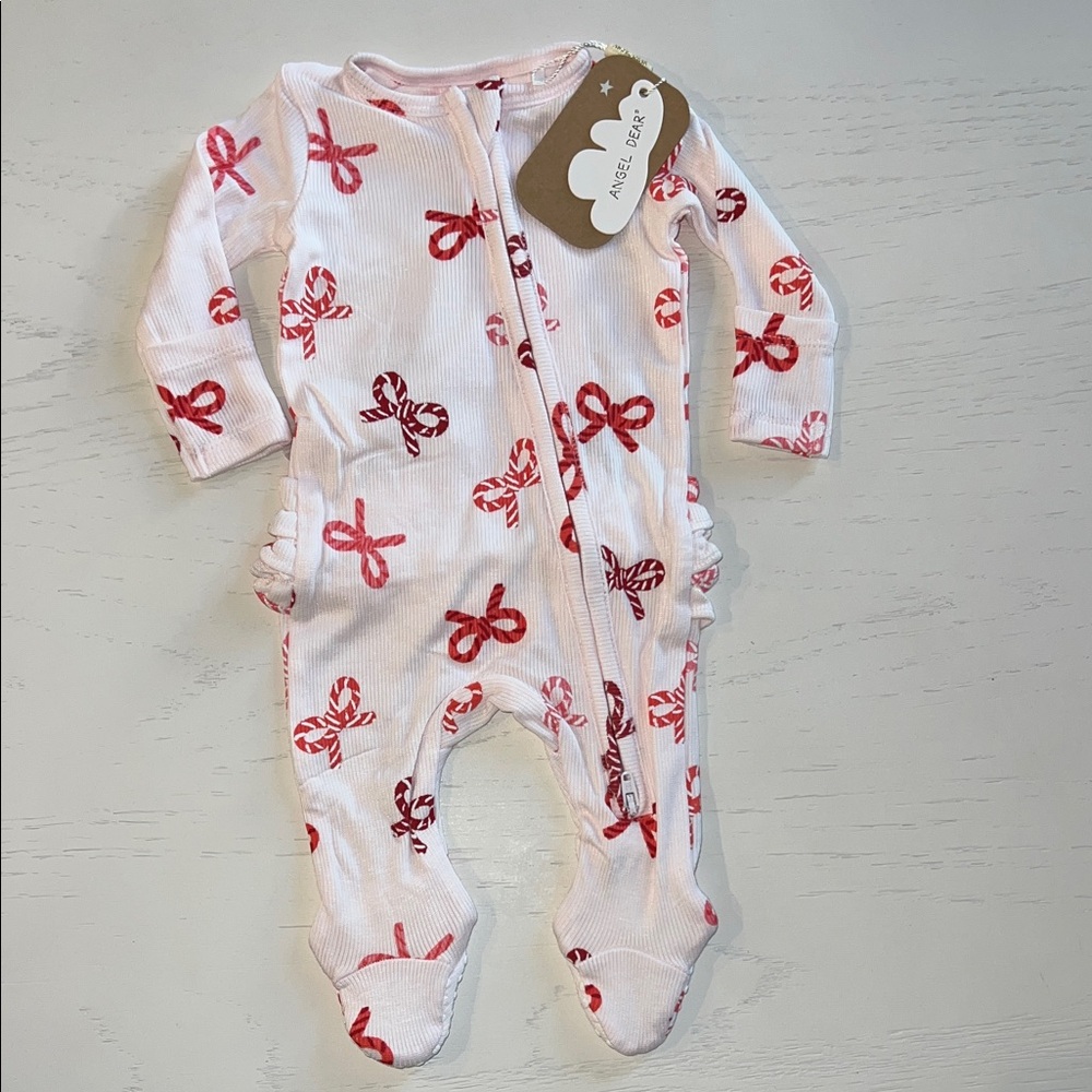 Angel Dear Pink Red Candy Cane Bow Print Footie 0-3 3-6 months